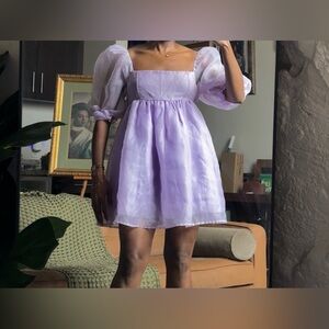Lilac Organza Puff Sleeve Babydoll Dress, Cottagecore Fairy Party Dress